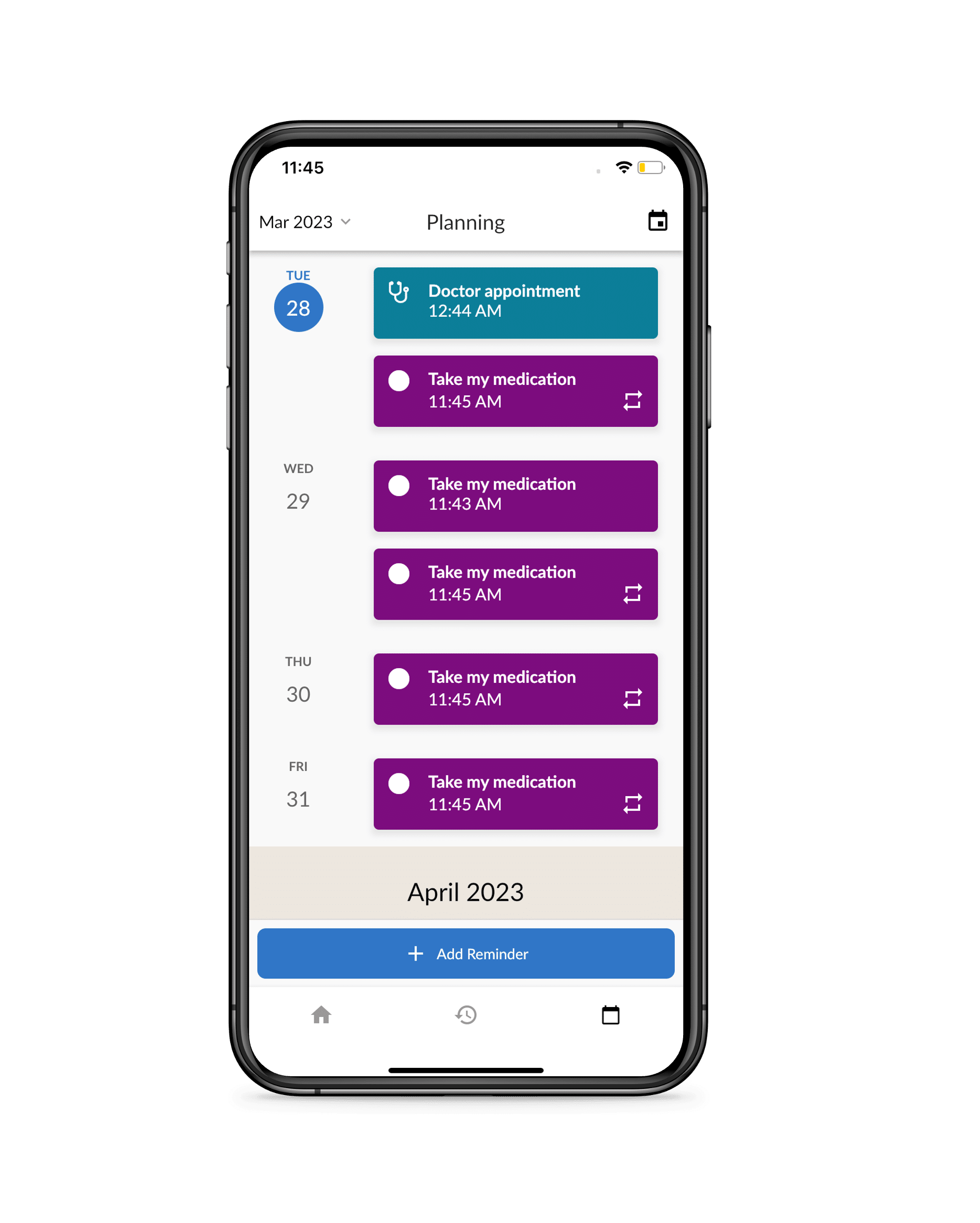 Illustration shows that the adherence app has the ability for patients to set reminders for site visits and medications.